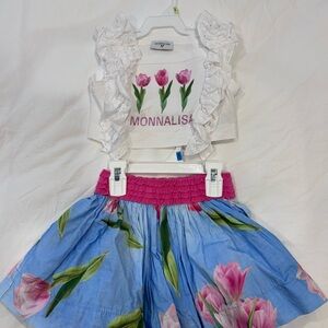 Monnalisa White and Blue Floral Outfit 2pc set Skirt and top size 3 years